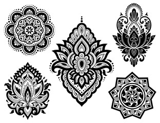 Big set of Mehndi flower pattern, lotus and mandala for Henna drawing and tattoo. Decoration in ethnic oriental, Indian style.