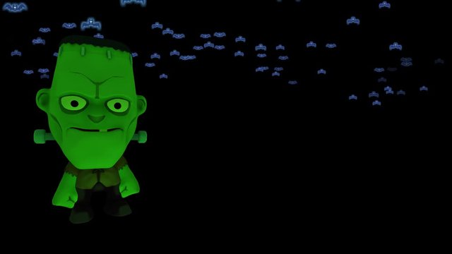 A cute Frankenstein stands patiently while his pet bats fly around him. Uploaded with an alpha channel. Copy space to the right.