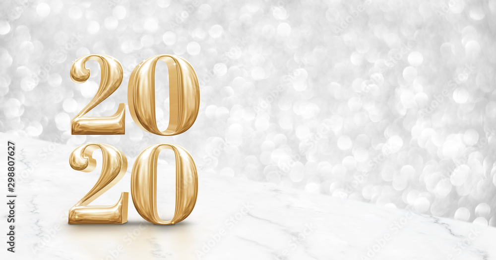Aufkleber happy new year 2020 gold glossy (3d rendering ) on angle white marble table with sparkling silver bo