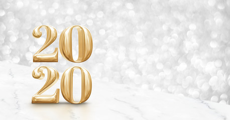 Happy new year 2020 gold glossy (3d rendering ) on angle white marble table with sparkling silver bokeh wall,banner for display of product for holiday promotion advertise