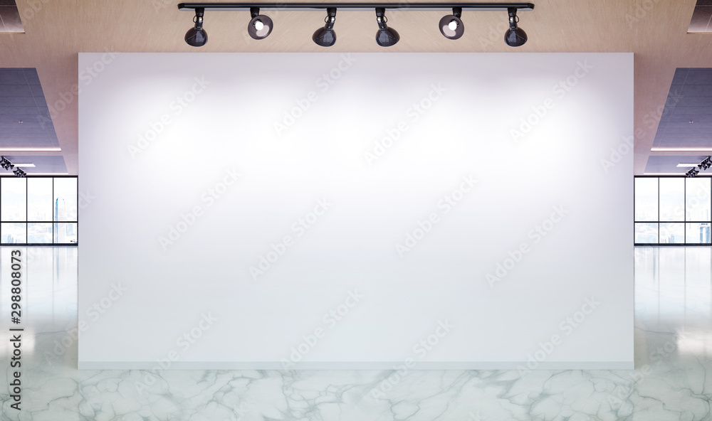 Poster blank wall in marble and wooden office mockup with large windows and sun passing through 3d renderin