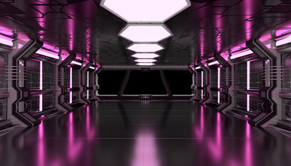 Dark pink spaceship futuristic mockup interior with window view 3d rendering