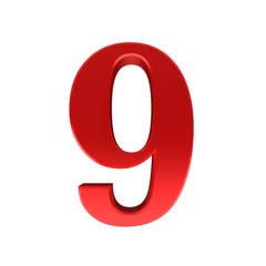 9 nine red number 3d sign render isolated cut out on white background