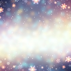 Golden snowflakes on glare blue, violet empty background. New year snow holiday backdrop. Glare vignette texture. Christmas trend illustration.