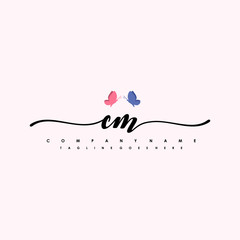 Initial CM with a butterfly on the handwriting Logo vector. Letter Logo Handwriting Template. two blue and ping butterflies