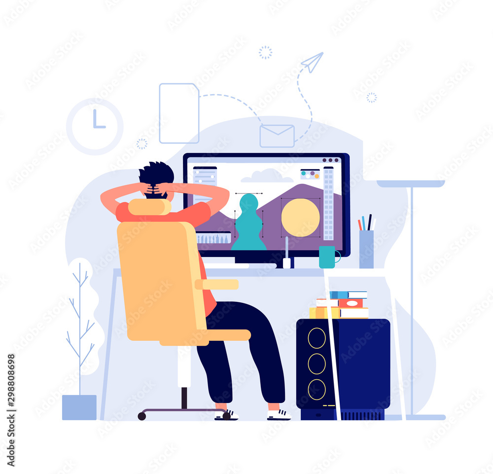 Wall mural graphic designer concept. man at computer works at home office with graphic editor app on monitor an