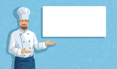 Horizontal background with Chef showing by hand to copy space. Yong smiling handsome cook man points to white banner for your text. Flyer, web banner design template. Vector illustration.