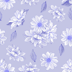 Fototapeta na wymiar Seamless Light Blue Floral Pattern with Flowers Dahlias and Leaves. Monochrome Background For Textile, Wallpapers, Print, Greeting. Vector Illustration.