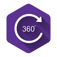 White Angle 360 degrees icon isolated with long shadow. Rotation of 360 degrees. Geometry math symbol. Full rotation. Purple hexagon button. Vector Illustration