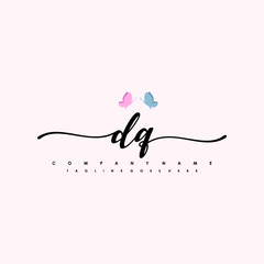 Initial DQ with a butterfly on the handwriting Logo vector. Letter Logo Handwriting Template. two blue and ping butterflies