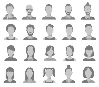 Profile icons. Male and female head silhouettes avatar, user icons, people portraits. Vector set of profile interface user, head human man and woman illustration