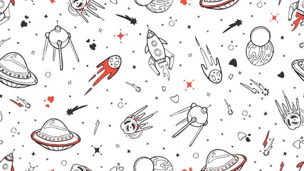 Space pattern. Vector kids seamless texture with doodle rocket, planet, stars. Space, Universe illustration rocket and planet star, asteroid background