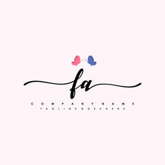 Initial FA with a butterfly on the handwriting Logo vector. Letter Logo Handwriting Template. two blue and ping butterflies