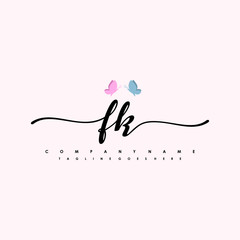Initial FK with a butterfly on the handwriting Logo vector. Letter Logo Handwriting Template. two blue and ping butterflies