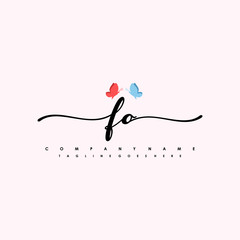 Initial FO with a butterfly on the handwriting Logo vector. Letter Logo Handwriting Template. two blue and ping butterflies