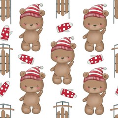Seamless pattern with Christmas bear and sled