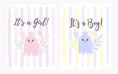 Baby Shower Set. It's a Girl, It's a Boy card with a baby Ghost, Crown, flowers. Cute Baby Arrival announcement, lettering. Kids nursery decor. Halloween childish party greeting postcard.
