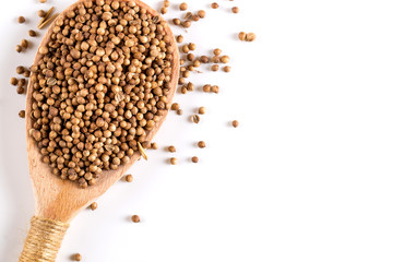 Coriander grains in a wooden spoon on a white background. Concept, copy space.