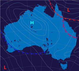 Australia map. Meteologic weather forecast on the map of Australia on a dark background. Vector illustration. - obrazy, fototapety, plakaty