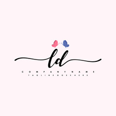 Initial LD with a butterfly on the handwriting Logo vector. Letter Logo Handwriting Template. two blue and ping butterflies