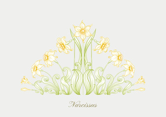 Narcissus. Set of elements for design Colored outline hand drawing vector illustration. In art nouveau style, vintage, old, retro style. In soft yellow colors..