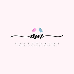 Initial MN with a butterfly on the handwriting Logo vector. Letter Logo Handwriting Template. two blue and ping butterflies