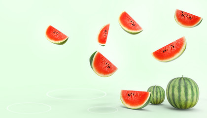 Fresh Watermelon and Sliced Groups closeup  Concept Summer - holidays - Fruit and Vegetables on  Green  pastel background - 3d rendering