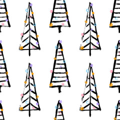 Seamless hand drawn Pattern with Christmas tree. Vector illustration for your design.  Perfect for wallpapers, pattern fills, web page backgrounds, surface textures, textile