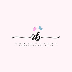 Initial RB with a butterfly on the handwriting Logo vector. Letter Logo Handwriting Template. two blue and ping butterflies