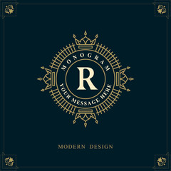 Luxury Round Emblem. Capital Letter R. Linear Monogram. Elegant Modern Logo. Calligraphic Design. Vintage Ornament. Graphics Style. Flourishes Boutique Brand. Creative Royal Mark. Vector illustration