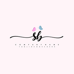 Initial SB with a butterfly on the handwriting Logo vector. Letter Logo Handwriting Template. two blue and ping butterflies