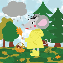 Rat or mouse in the raincoat picking mushrooms, leaves and acorns in the autumn forest. Cartoon style digital drawing for calendar 2020, symbol of new year, vector