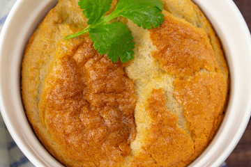 Baked egg omelet with crisp. Close-up top view, roasted crusty egg omelet crust