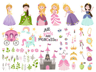 Grand ensemble vectoriel de belles princesses, château, calèche et accessoires.