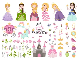 Foto op Plexiglas Meisjeskamer Grote vectorreeks mooie prinsessen, kasteel, koets en toebehoren.