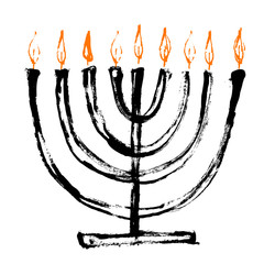 Beautiful menorah candlestick with candle and flame. Vector illustration for Hanukkah, jewish holiday. Isolated on white background