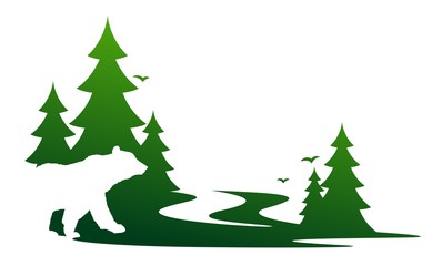 Silhouette of a wild bear with green forest.