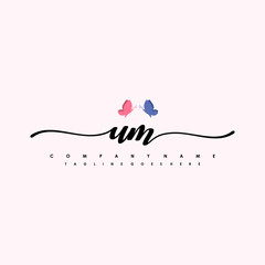 Initial UM with a butterfly on the handwriting Logo vector. Letter Logo Handwriting Template. two blue and ping butterflies - obrazy, fototapety, plakaty