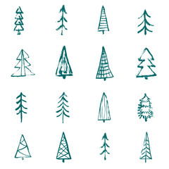 Obraz premium Set of Decorated Christmas trees with balls. Merry Christmas. Christmas tree on white background. Vector illustration for your design. Grunge, hand drawn