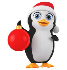Cartoon character little penguin in a New Year hat with a red ball toy on a white background. 3d render illustration.
