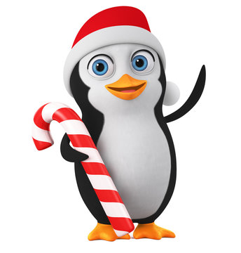 Cartoon character little penguin in a New Year hat with candy on a white background. 3d render illustration.