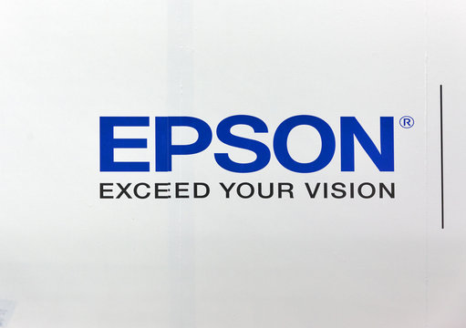 Epson logo on booth during CEE 2017 in Kyiv, Ukraine