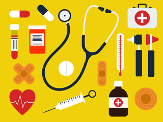 Cartoon flat style medical doctor equipment icon set. Healthcare logo symbols. Vector illustration image. Isolated on yellow background.