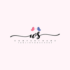 Initial WS with a butterfly on the handwriting Logo vector. Letter Logo Handwriting Template. two blue and ping butterflies