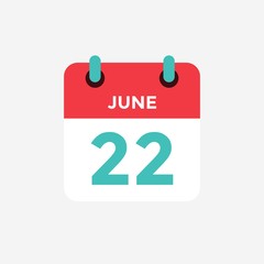 Flat icon calendar 22 of June. Date, day and month. Vector illustration. - 298813653