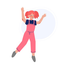 Happy Girl in Pink Overalls Joyfully Jumping, Smiling Child Having Fun Vector Illustration