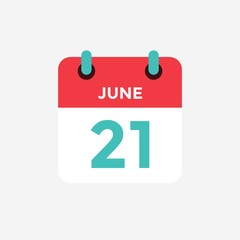 Flat icon calendar 21 of June. Date, day and month. Vector illustration. - 298813688