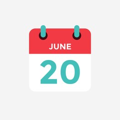 Flat icon calendar 20 of June. Date, day and month. Vector illustration. - 298813695