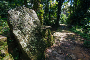 Stone with an antique map of the city on the excavation site of Ciudad Perdida