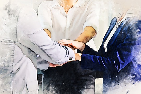 Abstract colorful close up handshake business partner on watercolor illustration painting background.